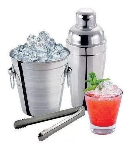 Kit Bar 3 Peças Aço Inox Coqueteleira 750 Ml Balde E Pegador