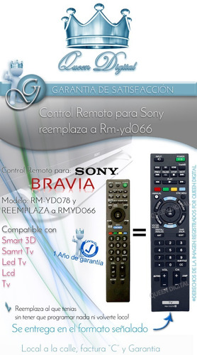 Imagen 2 de 10 de Control Remoto Para Led Tv Sony Bravia Reemplaza A Rm-yd066
