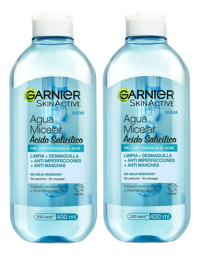2 Agua Micelar Garnier Skin Active Ácido Salicílico 400ml