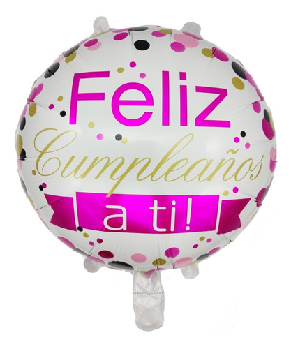 Globo Foil 18  Feliz Cumple Blanco Lunares Rosas Y Dorados