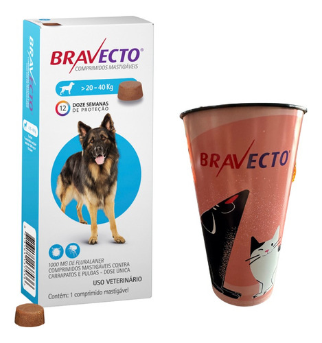 Bravecto Comprimido Cão Anti Pulga Carrapato 20a40kg 1000mg