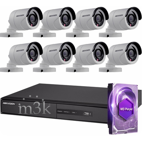 Kit Seguridad Hikvision Full Hd Dvr 8 + Disco 1 Tb Instalado + 8 Camaras 2mp 1080p Exterior Infrarrojas + Ip M3k
