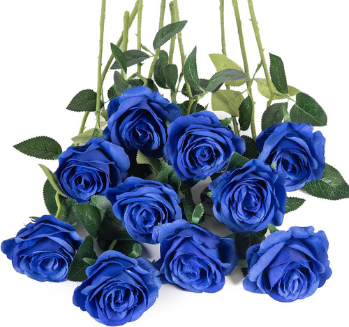 10 Rosas De Seda Azul Real, Rosas Artificiales De Tallo...