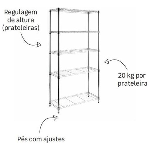 Estante Organizadora Multiuso Aço Cromado 180x90x35cm Deluxe