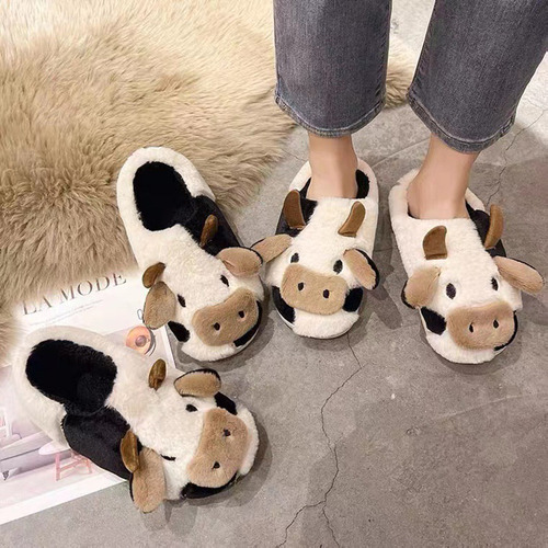Zapatillas Unisex De Felpa Cálidas Con Forma De Vaca Con Dib