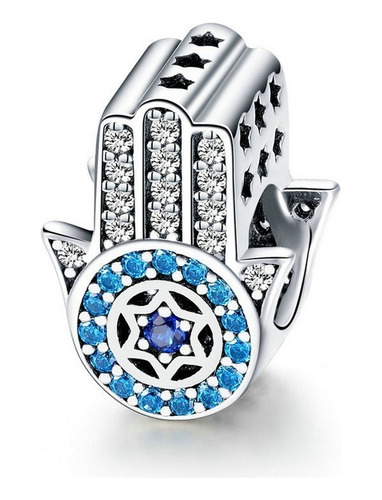 Charm Dije Mano Hamsa Azul Plata 925 Para Pulsera O Collar