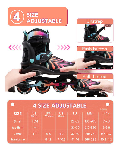Patines En Línea Ajustables Con Luz Para Niñas Y Adolescente Talla De Los Patines 0 Mm Neón