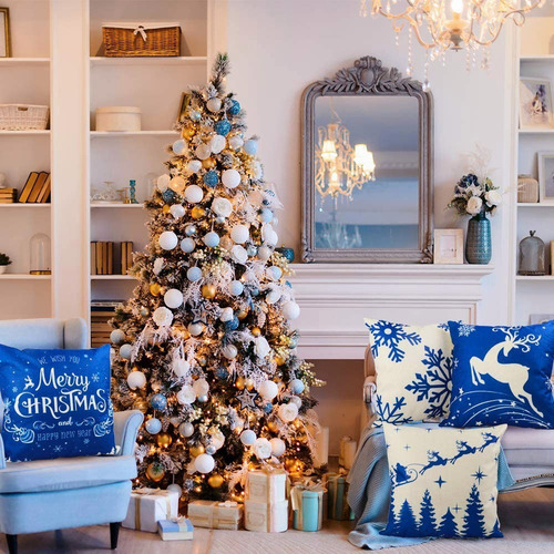 Juego De 4 Funda De Almohada De Sofá Azul Marino Snowflake