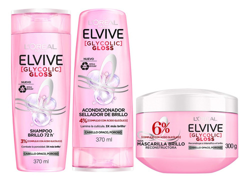 Pack Elvive Glycolic Gloss Shampoo+aco+mascara Loreal