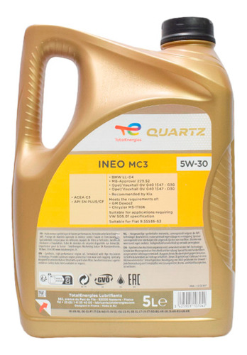 Total Quartz Ineo 5w30 Sintetico 5l Acea C3 Api Sn Plus/cf