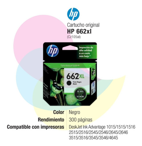 Imagen 2 de 4 de Cartucho Hp 662xl Negro Original Cz105al 1515 2515 2545 3545