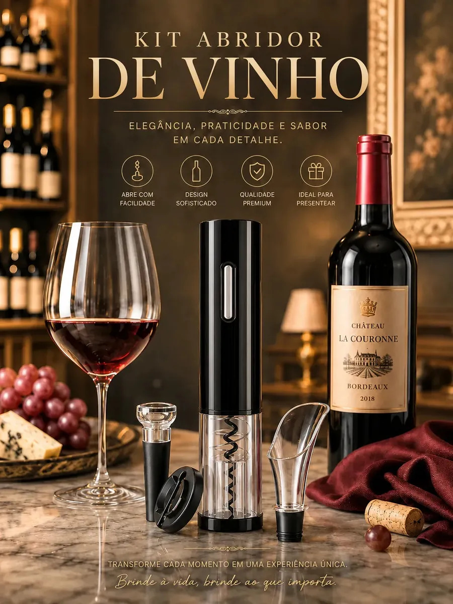 Kit Abridor De Vinhos Elétrico Automático Saca Rolhas Corta Lacres Vinho Fantech