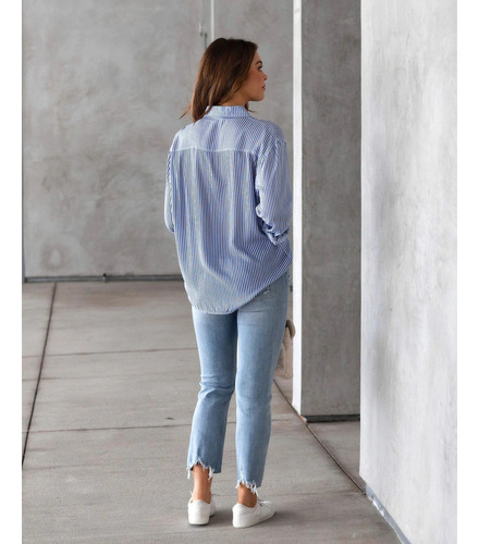 Camisa De Manga Larga Informal Holgada Con Top A Rayas Mujer