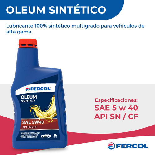 Aceite De Motor Sintetico 5w40 Fercol 1 L Auto Nafta Diesel