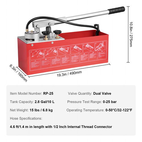 Vevor Bomba De Prueba Hidrostática 25 Bar Kit Probador 10 L
