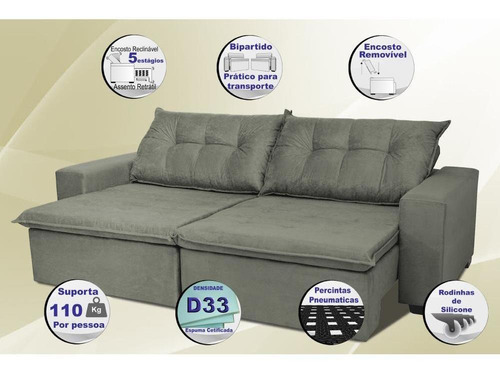 Sofá Austrália 2,12 Mts Retrátil, Reclinável Com Molas e Pillow no Assento Tecido Suede Cinza - Cama InBox