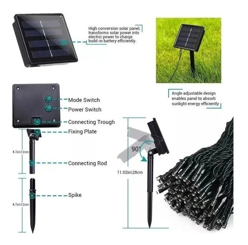 Imagen 6 de 7 de Serie Navideña Solar 100 Leds 11metros Automática Recargable