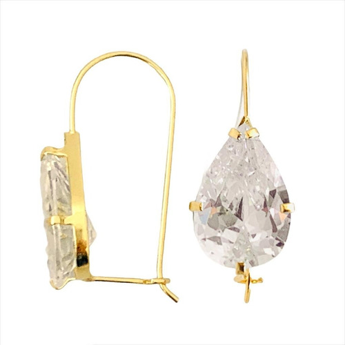 Aretes Oro Puro 10k  Con Piedra Blanca Grande Colgantes Gota