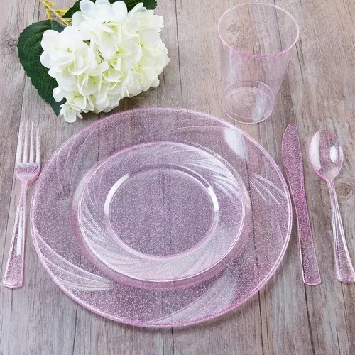 Wdf Platos De Oro Rosa Con Cubiertos Desechables, Platos De
