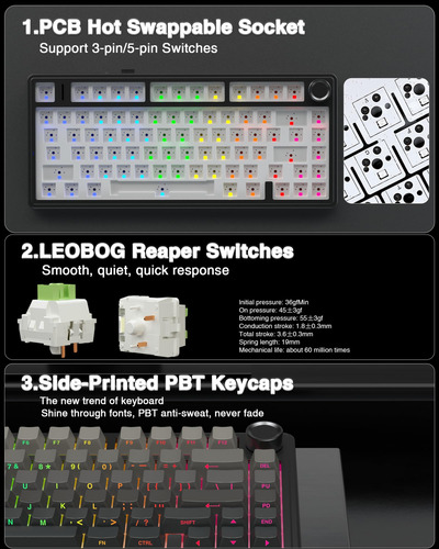 Teclado Mecánico Inalámbrico Aula F75 Pro, 75% Junta,