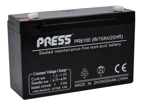 Bateria De Gel Recargable 10 Ampers/hs, 6 Volts Marca Press