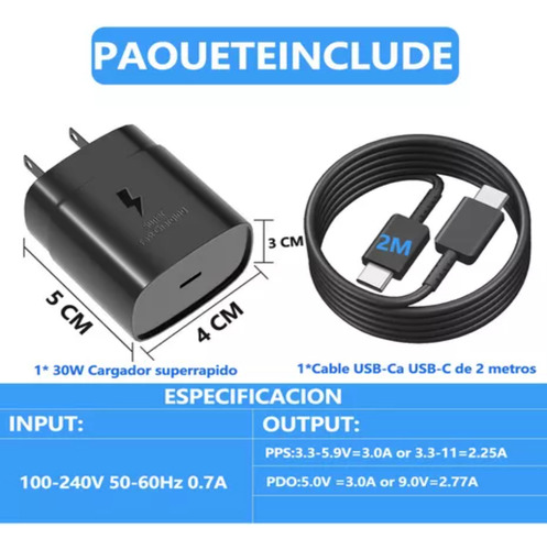 30w Cargador Rápida Tipo C Para Samsung A55 A54 A15 A05 A05s