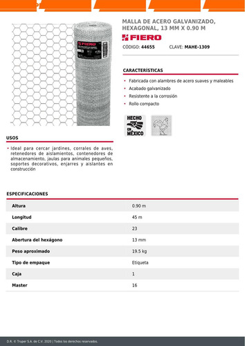 Malla Acero Galvanizado Hexagonal 13 Mm X 0.90 M 44655