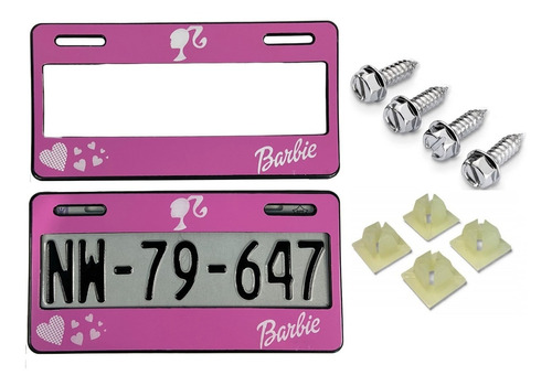 Par De Marcos Porta Placas Barbie Girl Rosa Con Tornillos Se