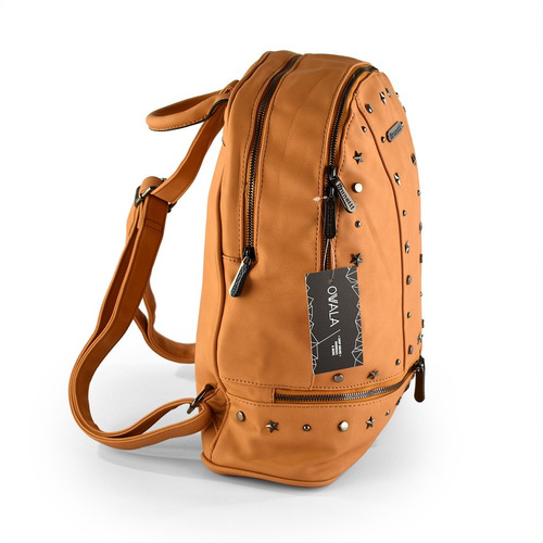 Imagen 2 de 6 de Mochila Simil Cuero Universitaria Mujer Tachas Divisiones