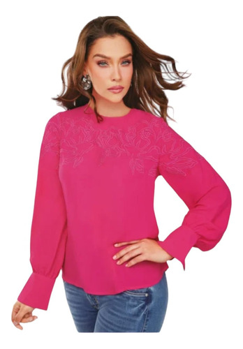 Blusa Casual Manga Larga Cuello Redondo Fucsia 912-22 Cklass