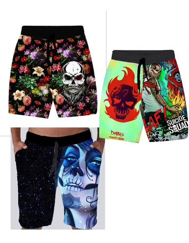 Kit Bermudas Masculinas 3 Caveira Mexicana Floral Diabl A490