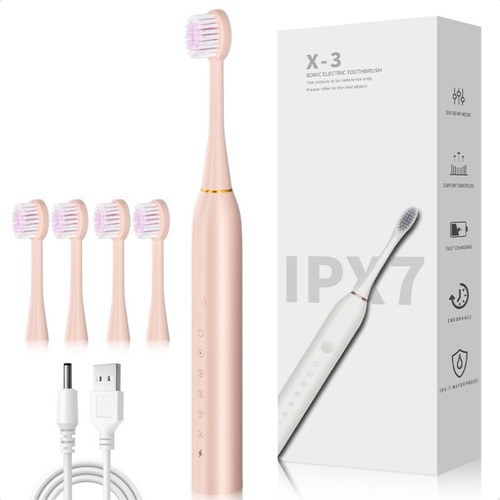 Escova De Dentes Elétrica Recarregável 6 Funções 3 Refil Usb Cor Rosa 127/220V