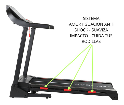 Cinta Caminadora Electrica Body Skull - Velocidad 16 Km/h - Inclinacion Automatica 15 Niv - Usuarios 150 Kg - Superficie 1300x450 Mm - Plegable - Con 6 Amortiguadores Sistema Anti Shock - 2733 Negra