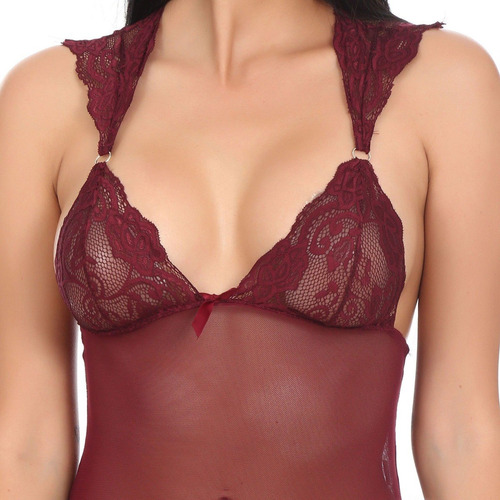 Lenceria Sexy Baby Doll Vestido Mesh Y Encaje Vino Tanga 893