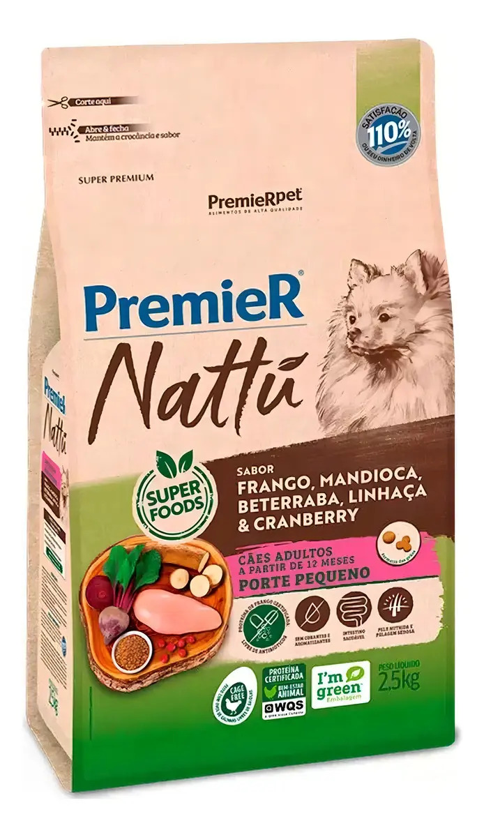 Racao Premier Super Premium Nattu Para Cão Adulto raçcas pequenas 2,5kg