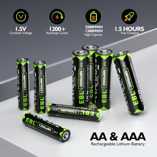 Ebl Cargador Pilas Litio Recarg Con 4 Pilas Aa Y 4 Aaa Recar
