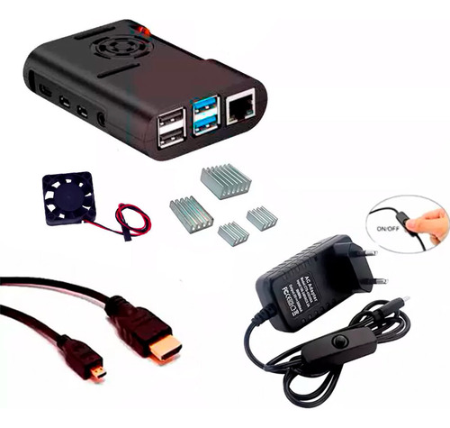 Case Cooler, Fonte Botão On/off + Hdmi P/ Raspberry Pi4 Nfe