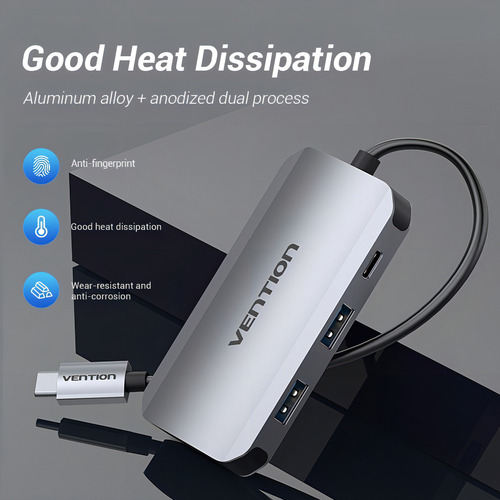 Hub USB Multipuerto Vention - 5 en 1 - Usb C + 4 Puertos Usb 3.0 + Power delivery USB C 100W - 5Gbps - Carcasa Aluminio - 15 CM - Premium Para Teclado / Disco rigido / Mac / Laptop - TGHHB