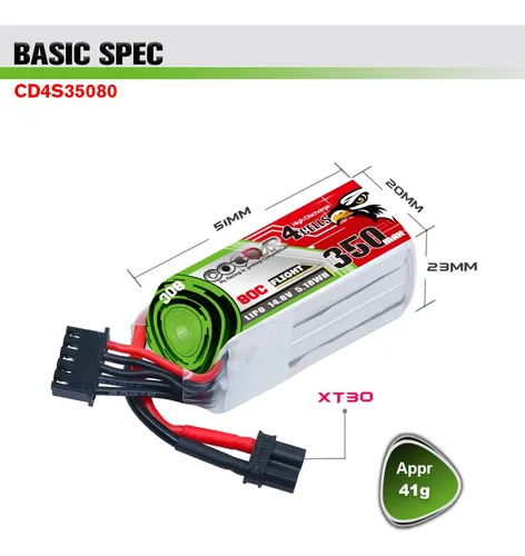 Coddar 2 Paquetes 4s 350mah Lipo 14,8v 80c Bateria Lipo Con