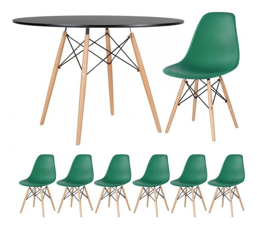 Kit Mesa Jantar Eames Wood 120 Cm 6 Cadeiras Eiffel  Cores Cor da tampa Mesa preto com cadeiras verde escuro