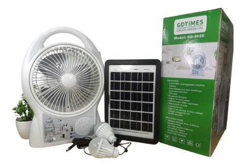 Ventilador Recargable Solar 6 En 1 Radio Fm Luz Led 8029