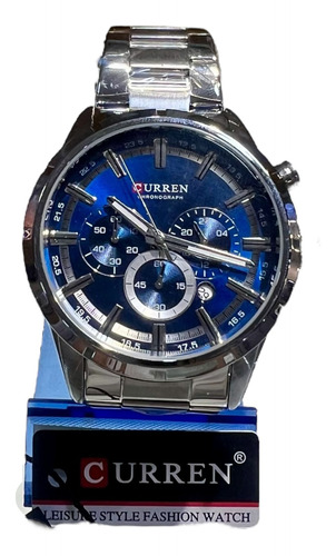 Reloj Curren Original De Hombre Malla Metal Fondo Azul 