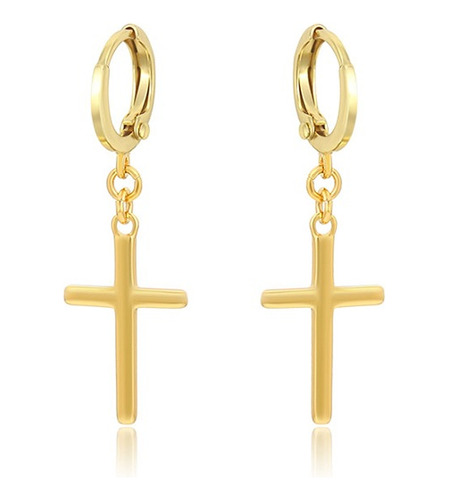 Aretes Colgantes Cruz Pulida Oro Laminado 