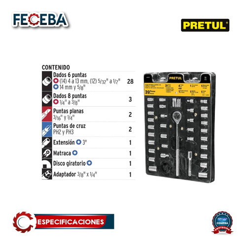 Juego De 39 Herramientas 1/4 Y 3/8 Para Mecánico 23973