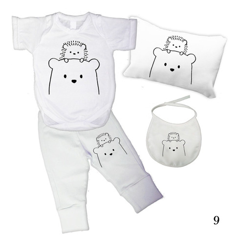 Ajuar X4  Bebe Body Animales Body Babero Almohada Pantalon