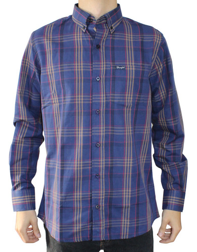 Camisa Country Wrangler Masculina Manga Longa Azul Xadrez