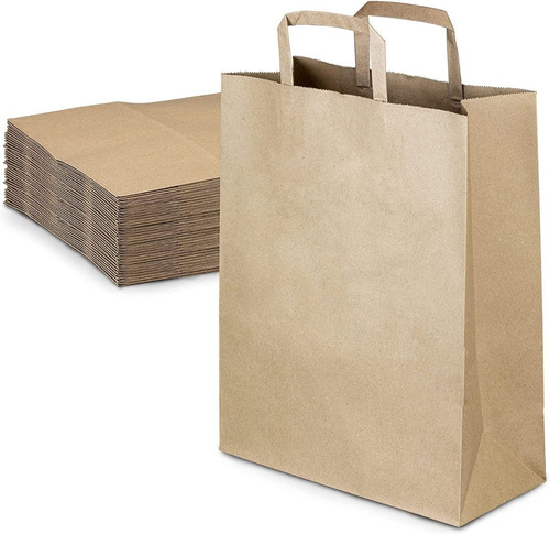 100 Bolsas Papel Kraft Madera Marron Manija Plana 30x22x10