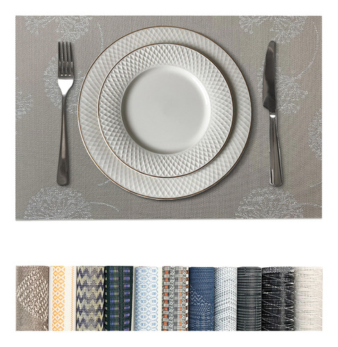 12 Jogo Americano Mesa Posta Luxo Impermeável Pvc Mz Dese Vr Cor M7 Cinza Claro Escuro Grafite Preto Café Prateado Desenhos Mz Retangular