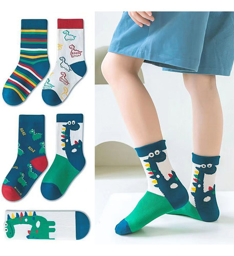 Calcetines Con Estampado De Dinosaurios Para Niños, 5 Pares