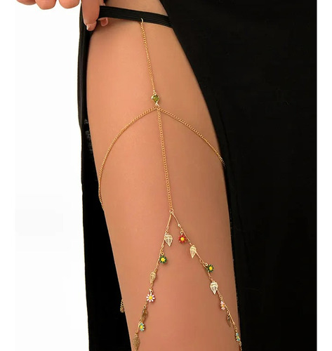 Pulsera Liga Bodychain  Dorado Doble Strass Gema Hoja